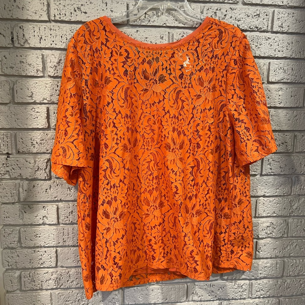 NWT  Chico’s Bright Orange Marmalade Floral Foiled Lace Short Sleeve Blouse XL - Picture 7 of 15